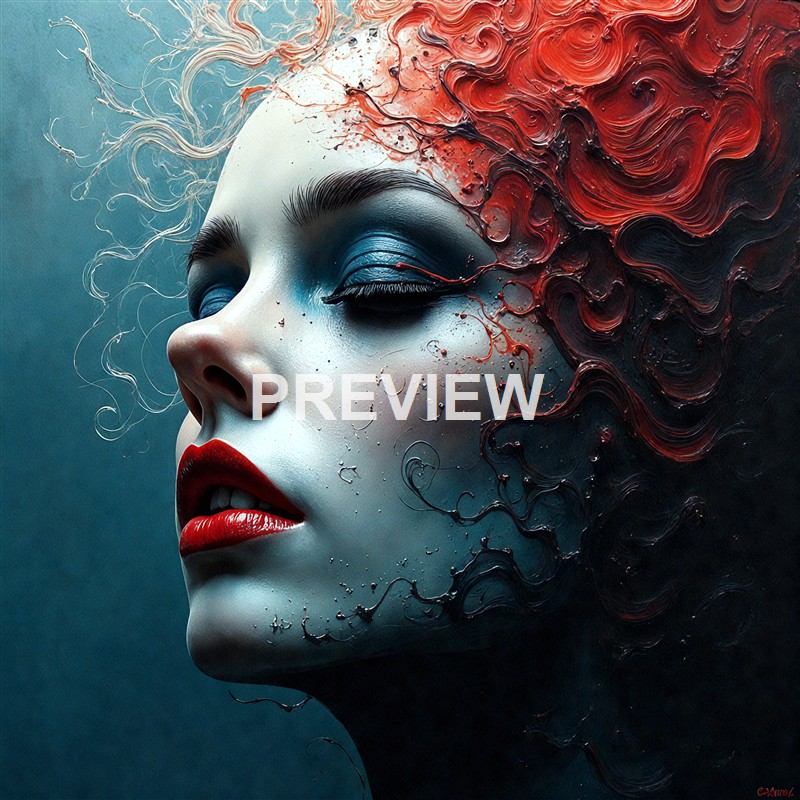 A highly stylized and artistic digital portrait of a woman with closed eyes, featuring smooth skin, bold makeup, and flowing, textured hair in shades of red and black, with water droplets on her face.